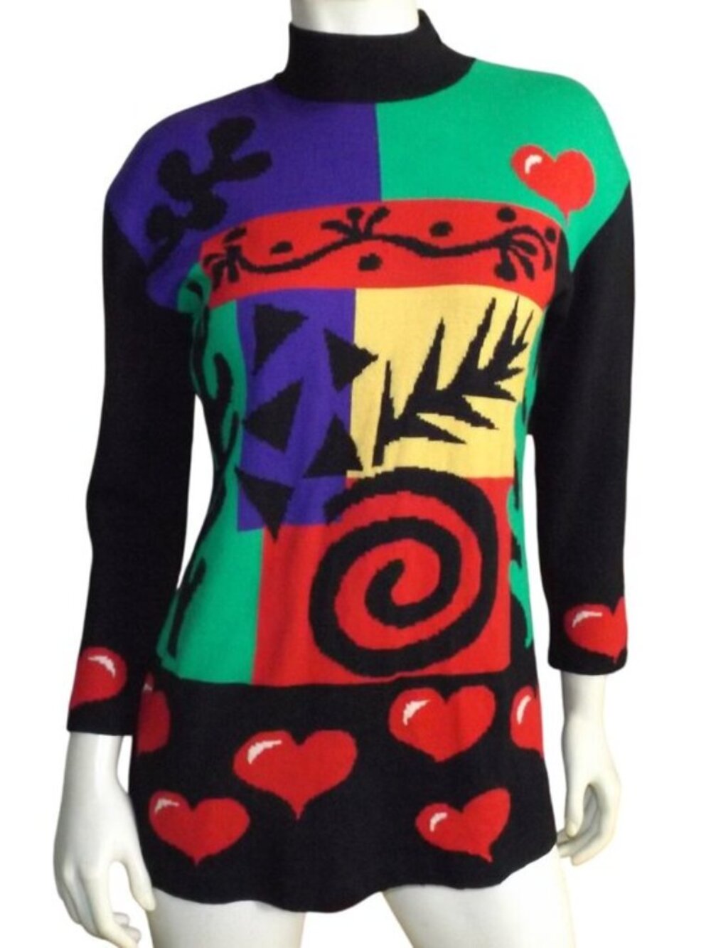 ST JOHN SPORTSWEAR Sweater, S, Multicolor Abstract,Long sleeve, Mockneck Zipper